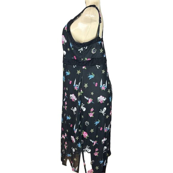 Betsey Johnson L Black Tattoo Icons Mesh Lined Surplice Neck Strappy Midi Dress - Picture 5 of 6